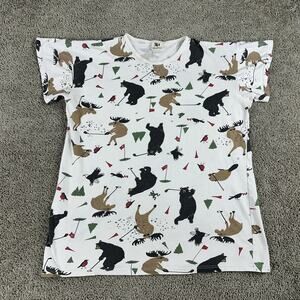 Hatley Shirt Mens Medium White Allover Golf Animals Moose Bear Novelty Graphic